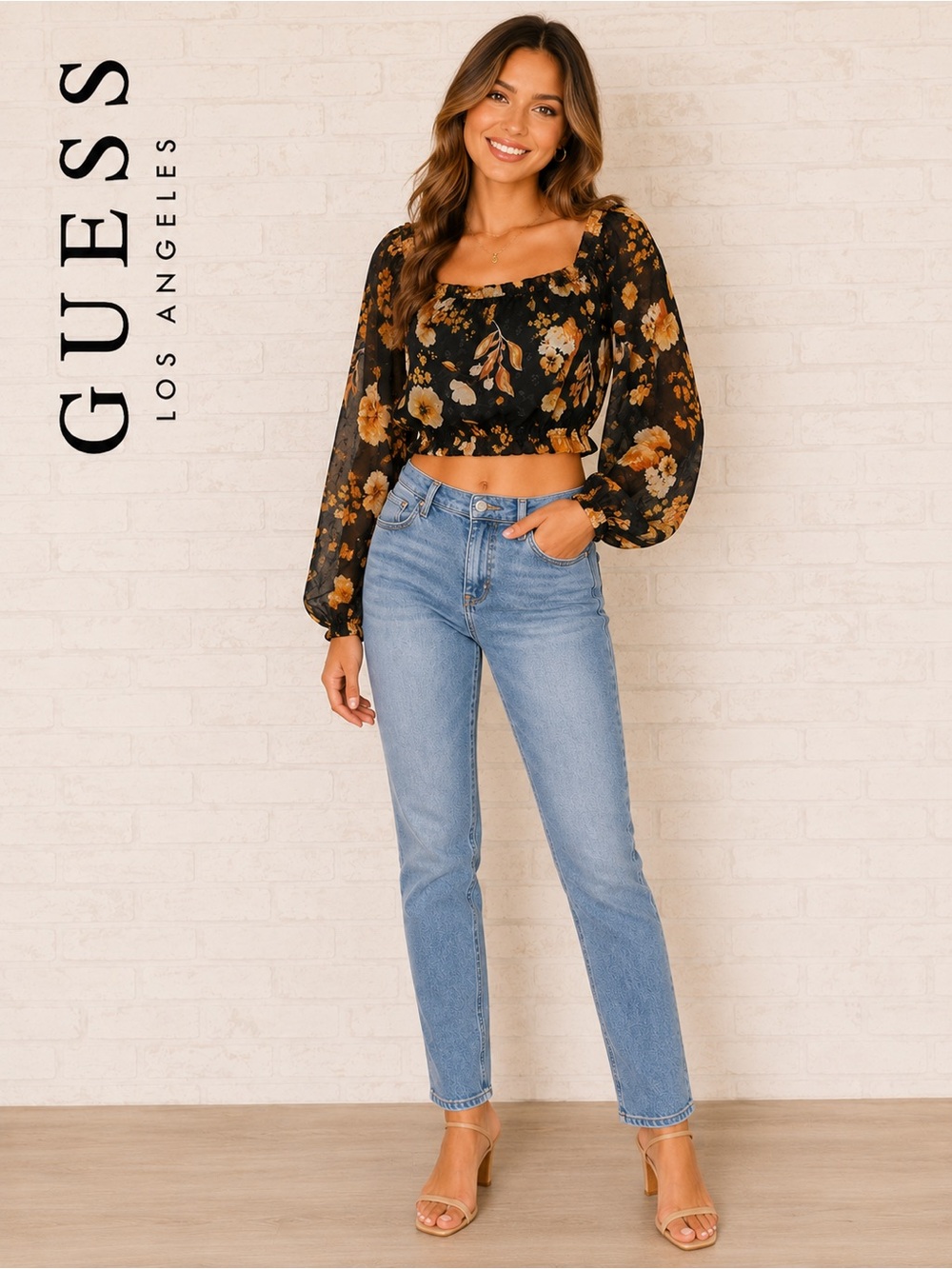 Guess Los Angeles Floral Chiffon Crop Blouse Square Neck Size L
